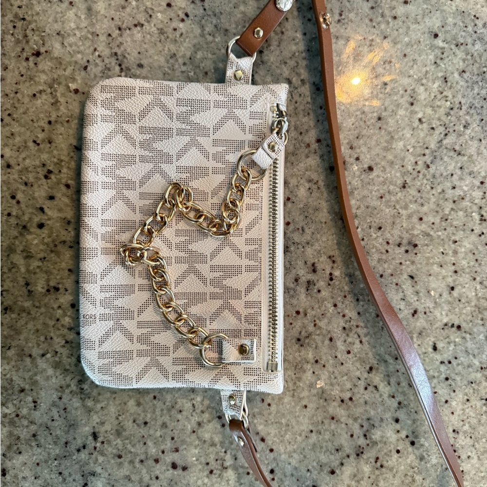 Michael Kors White and Tan Clutch with Gold Chain